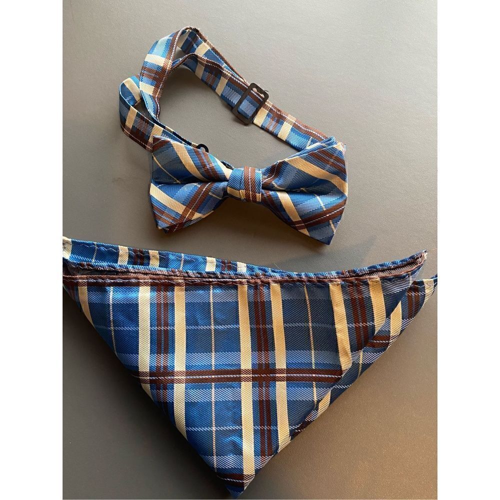 Plaid pocket square adjustable bow tie blue white plaid polyester